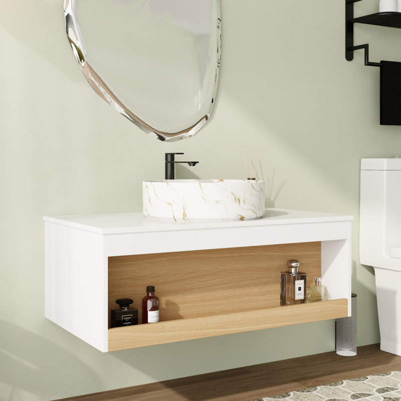 Meuble-lavabo simple 36 po avec vasque en céramique, White with golden lines