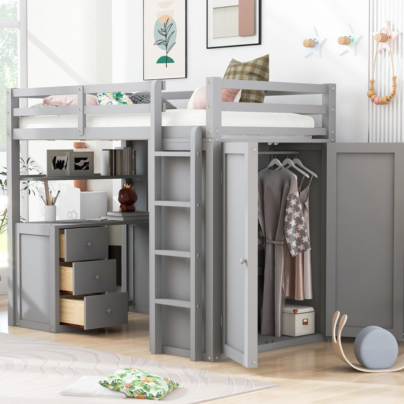Lit mezzanine simple gris avec tiroirs de rangement, bureau et garde-robe. Bois massif. Faites de votre espace. Aucune boîte de tiroir de fondation, étude de la construction en bois pour plus de stabilité. Maximiser le sommier tapissier de la chambre à coucher