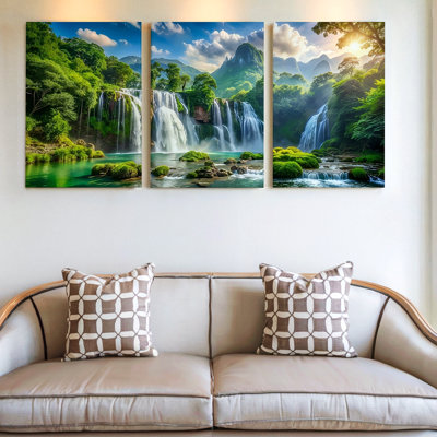 3 pièces d'art mural de paysage cascade avec verdure et montagnes, trois pièces d'art mural pour le salon, la chambre à coucher et le bureau