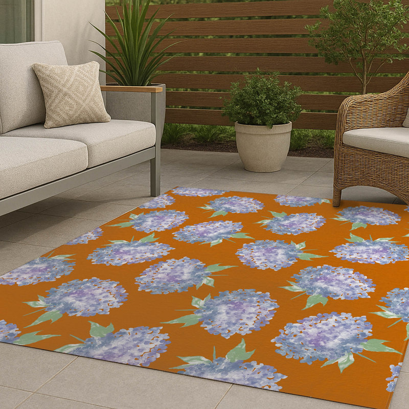 Tapis d'extérieur Hydrangea Love, Orange, Rectangulaire 3 pi x 5 pi
