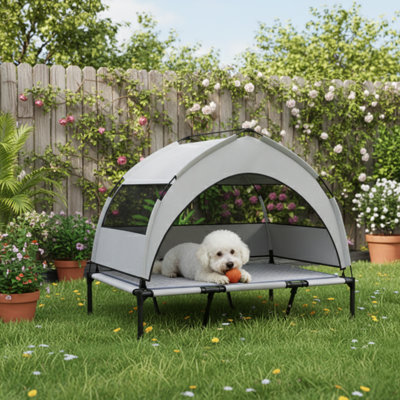 Lit surélevé portatif pour chien avec auvent et coussin de refroidissement, idéal pour une utilisation extérieure et intérieure, assurant confort et protection pour les grands chiens