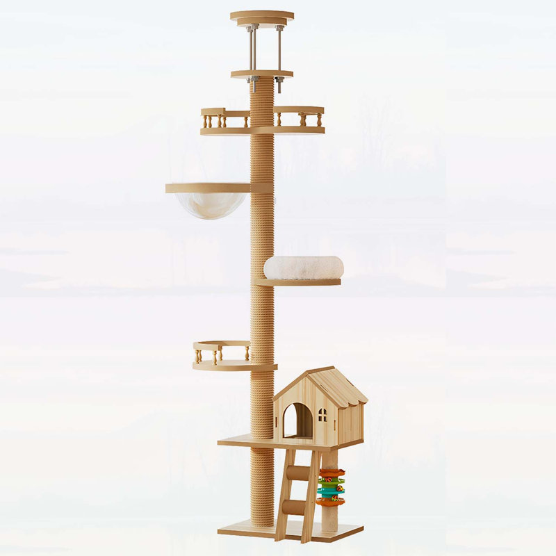 Arbre à chat du sol au plafond, tour pour chat à hauteur réglable avec poteau à griffer, grand condo en bois et hamac pour les maisons modernes