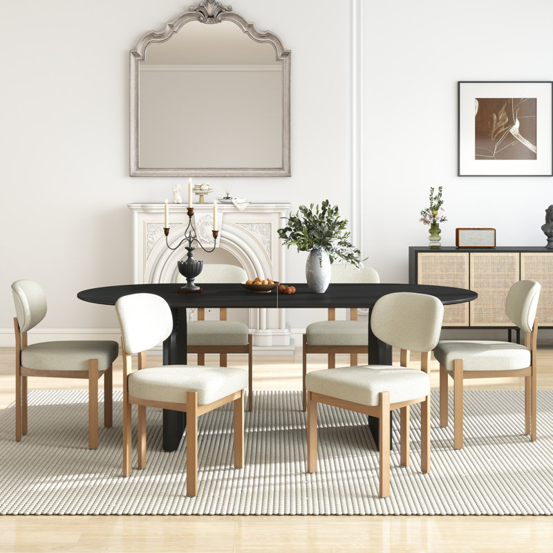Ensemble de table de salle à manger Mid-Century, Noir, 7 pièces : table, 6 chaises, Beige