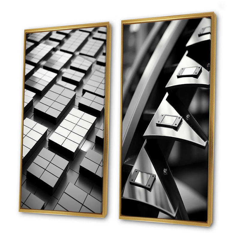 Panneaux de puissance abstraits noirs et blancs I - Ensemble de 2 reproductions d'art sur toile, Cadre flottant doré