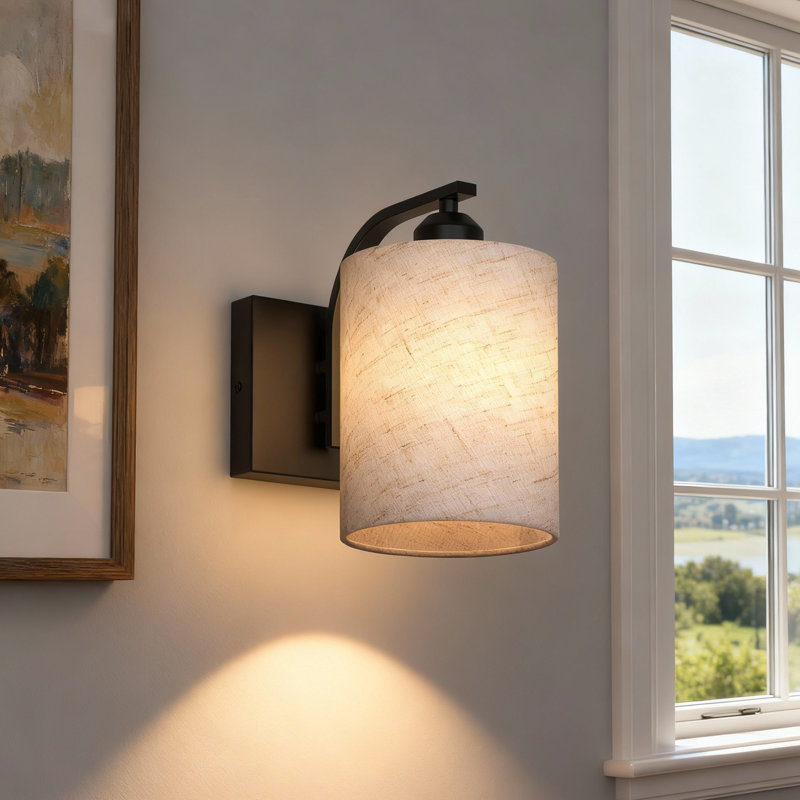 Farmhouse Black Wall Sconce With Fabric Shade, Dimmable LED Bedroom Light For Living Room & Hallway, Black