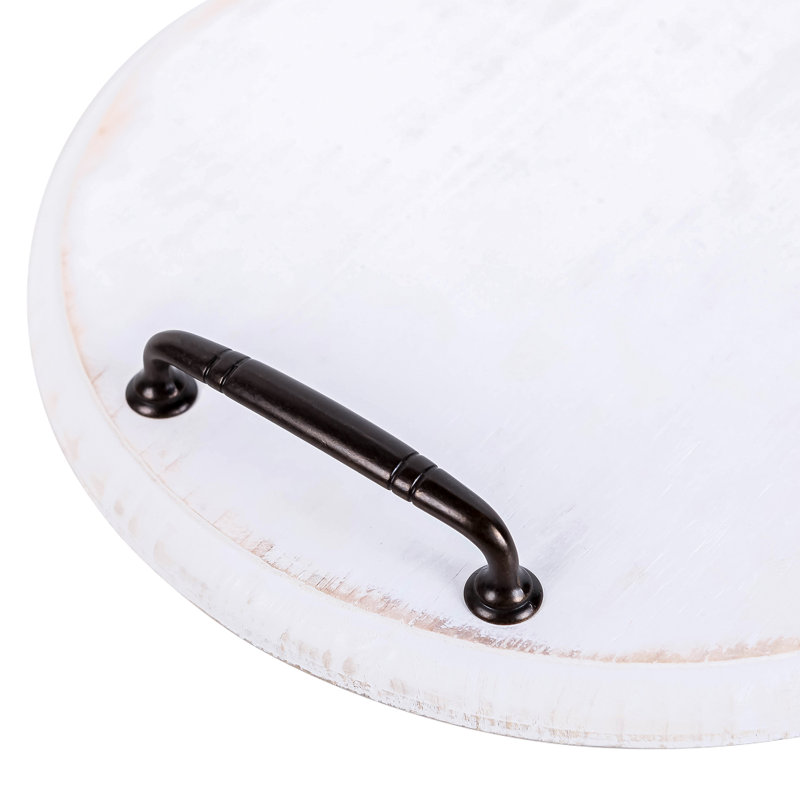 Round Distressed White Wood Lazy Susan Turntable Organizer Serving Tray With Metal Handles