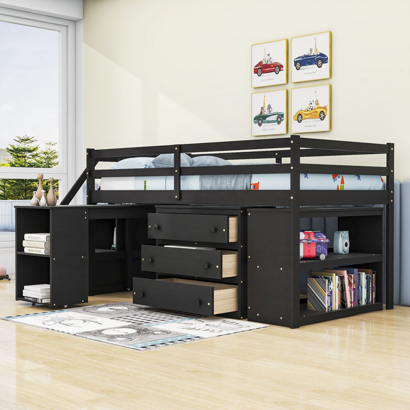 Lit mezzanine 3 tiroirs avec bureau intégré Jametrius par Harriet Bee, Double, Espresso