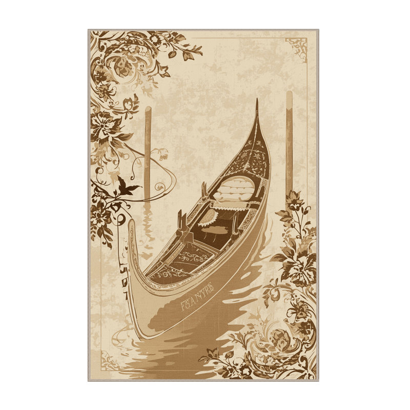 Machine Washable Vehicles And Transportation Gondola Boat Venice Classic Floral Rug in Beige – Beige Binding, 5x7