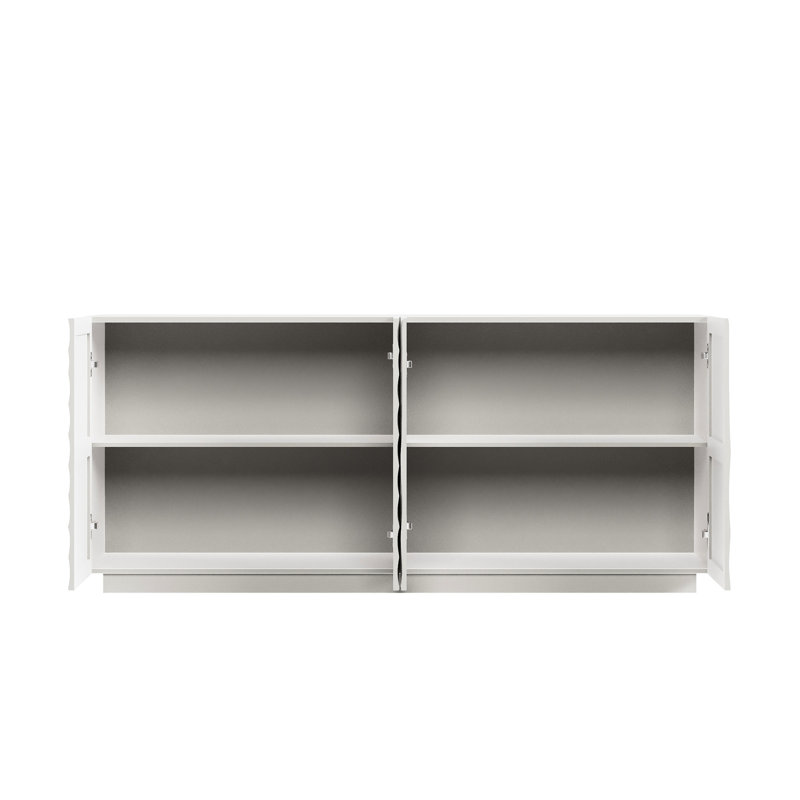 Buffet blanc moderne, 59 po de largeur, 4 portes, bois de pin, eau 3D, rangement convertible, pour la salle à manger