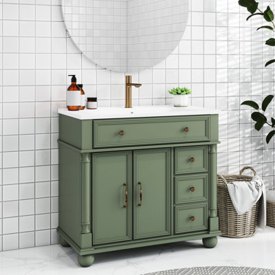 Meuble-lavabo de 36 po de style médiéval avec lavabo intégré en bois massif de 36 po, poignées en métal et tablettes réglables en hauteur