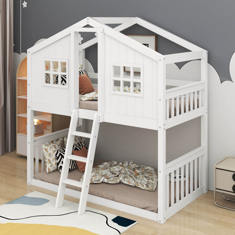 Twin Over Twin House Bunk Bed With Ladder, White