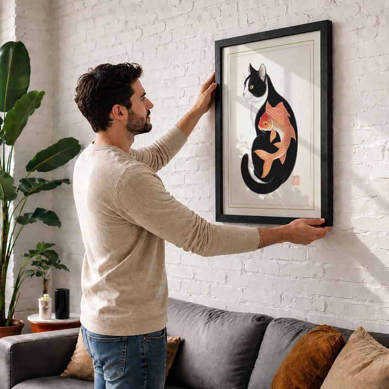 Cat and Goldfish Japandi - Framed Print, Unframed, A1 - 84.1 x 59.4 cm