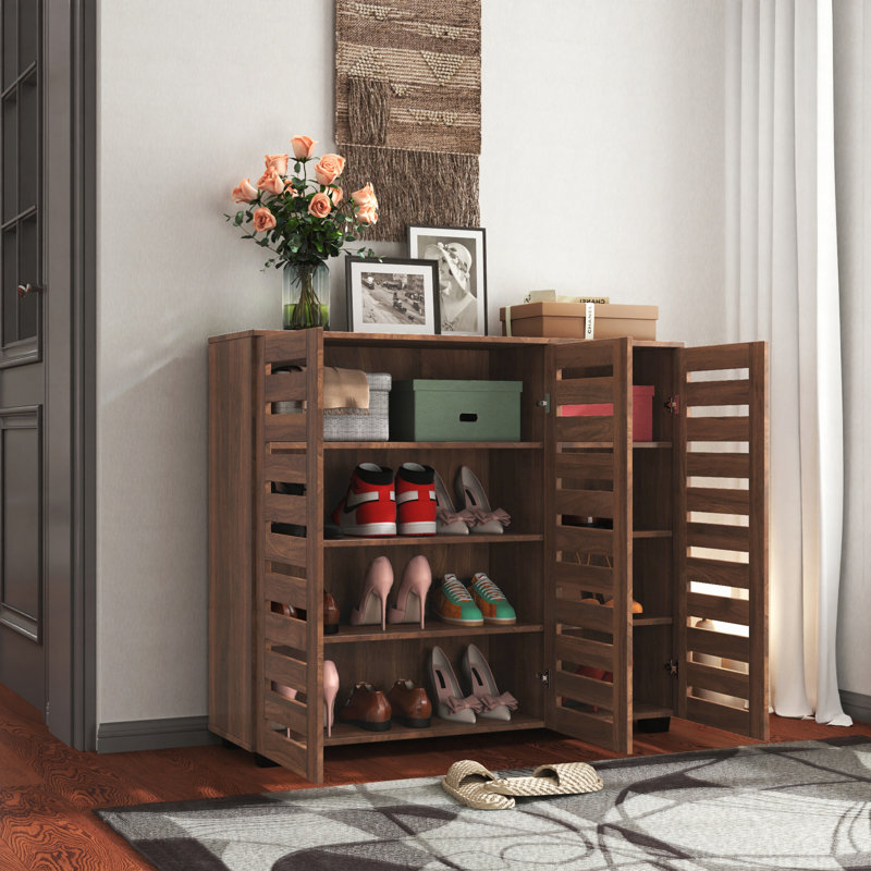 Shoe Cabinet, 5-Tier Shoe Storage Cabinet with Adjustable Shelves, Wooden Shoe Rack Organizer with Louvered Doors for Entryway, Hallway, Bedroom, Closet, Living Room