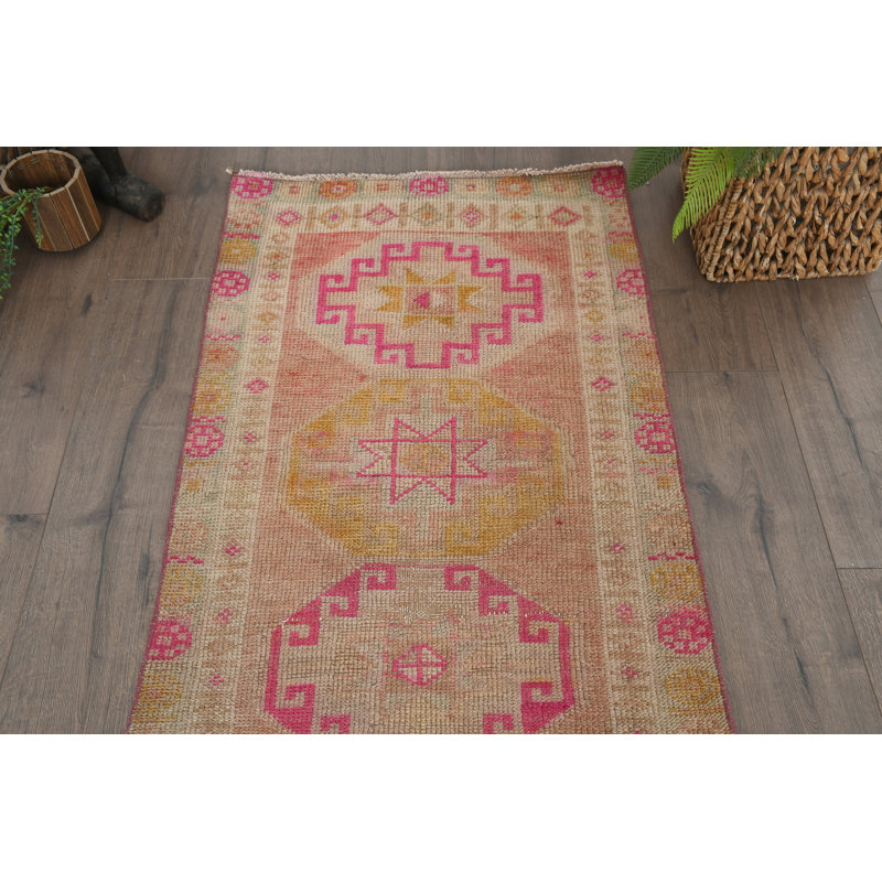 Tapis de couloir rétro en laine rose géométrique 30,7 x 149,6 pouces