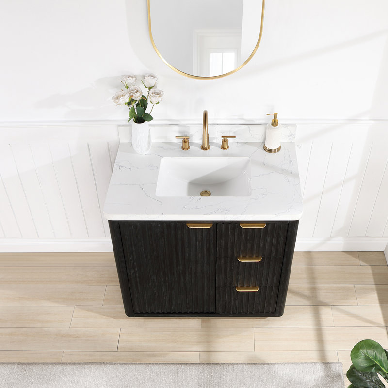 Adela 36'' Single Bathroom Vanity with Cultured Marble Top, Black, White, Gold