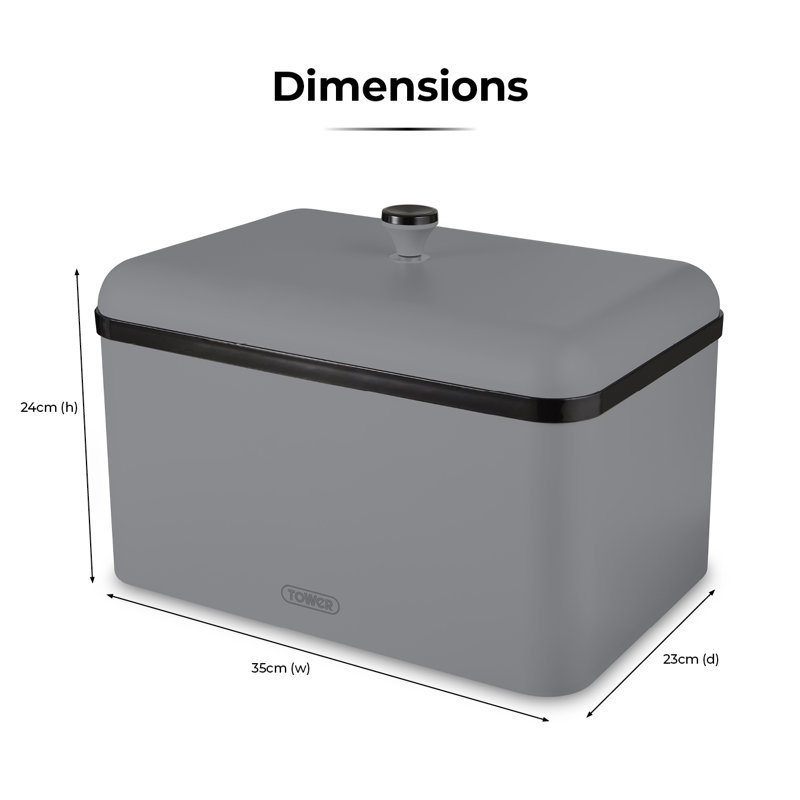 Tower Sera Bread Bin with Removable Lid, Carbon Steel Body, with Smoked Black Trim, Grey