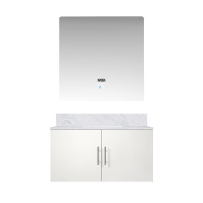 Meuble-lavabo blanc brillant avec dessus en marbre et 36 po inclus Miroir à DEL - compartiment de rangement généreux