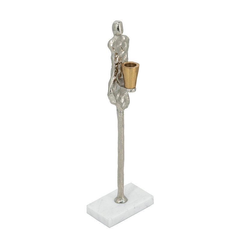 Porte-bougie forme abstraite forme humaine avec support en marbre - 15,8 po, argent neutre, décoration pour centre de table de ferme