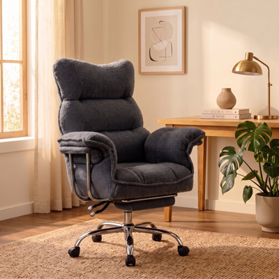 Office Chair with Armrests,Criss Cross Chair Teddy Fleece Reclining with Wide Seat,Desk Vanity Chair with Thick Cushion and Footrest