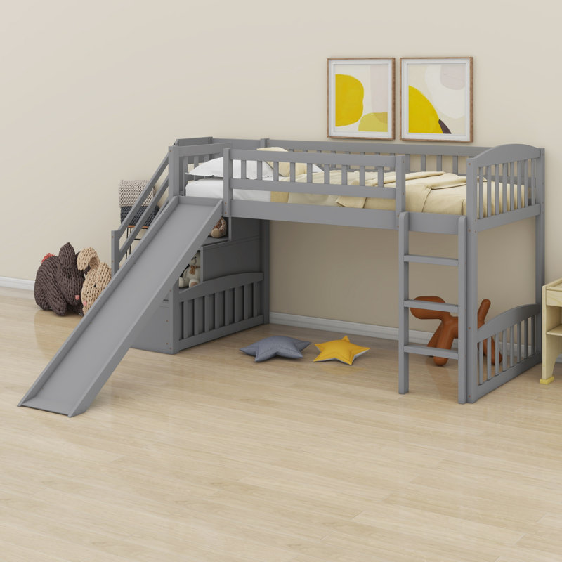 Loft Bed With Storage Stairs And Slide, Gray