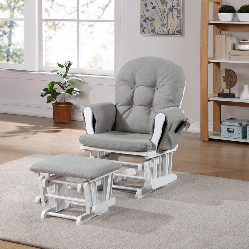 Cleo Wooden Glider and Ottoman, White Wood, Gray Linen 