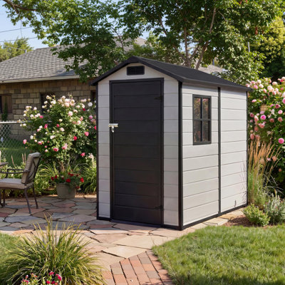 Remise extérieure en résine à double paroi 6 po x 4 pi avec fenêtre, plancher renforcé, toit incliné, porte en acier verrouillable