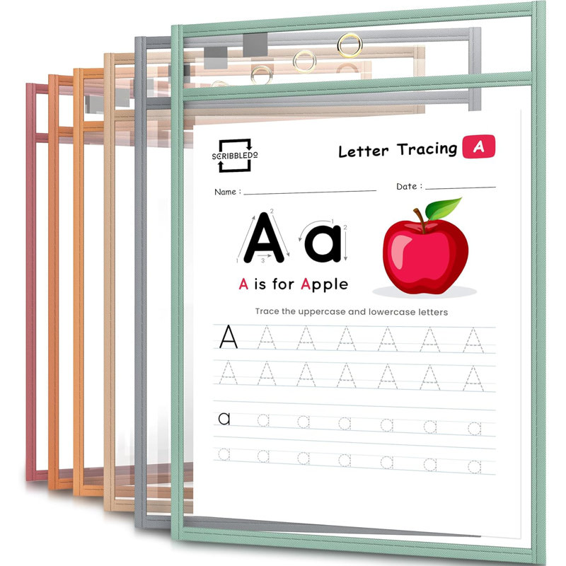Scribbledo Boho Color Dry Erase Pockets, 6 Pack Reusable Dry Erase Sleeves With Marker 