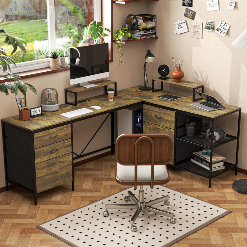L-Shaped Desk with Drawers and Power Outlets