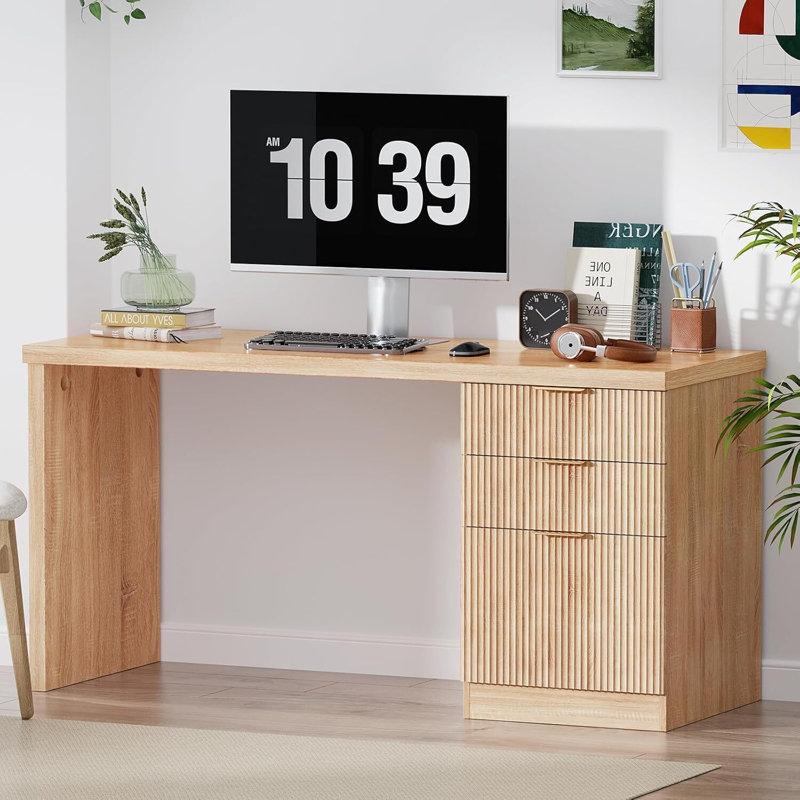 Bureau de direction cannelé 60 po avec tiroirs, bureau d'écriture en bois avec rangement pour bureau, bureau, chambre à coucher, chêne naturel