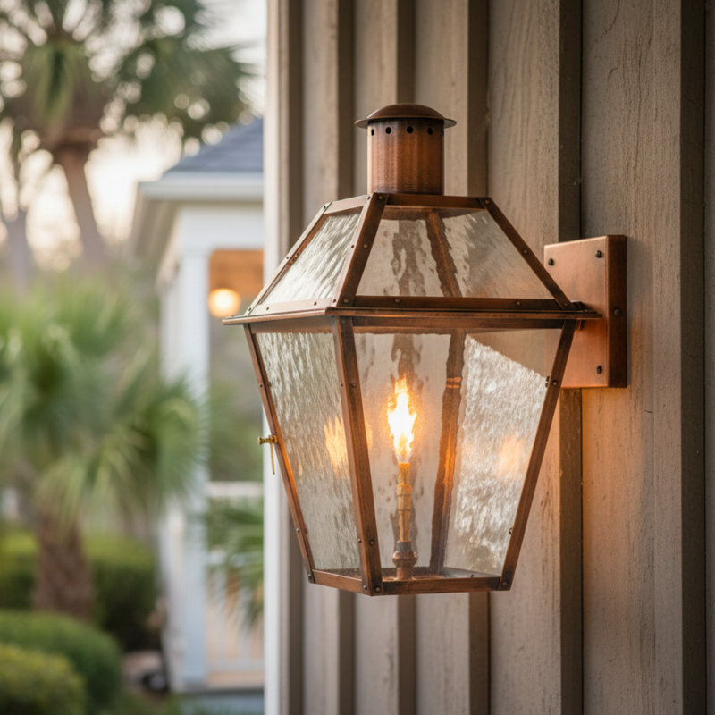 Bourbon Street Style 19-Inch Standard Bracket Gas Copper Lantern | Handcrafted Louisiana Outdoor Wall Light | Flambeaux Lighting