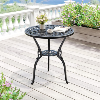 Table d'appoint extérieure en fonte d'aluminium 23 po avec trou pour parasol - Table basse ronde anti-rouille pour patio, jardin, porche, balcon et utilisation intérieure / extérieure (noir rétro)