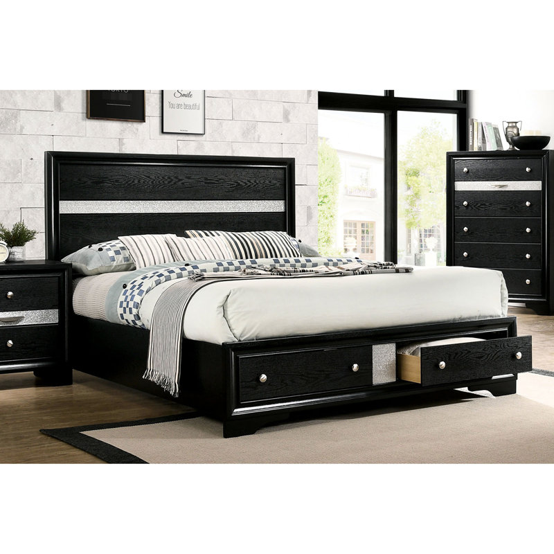 Grand lit en bois massif avec rangement en noir, aspect détente moderne