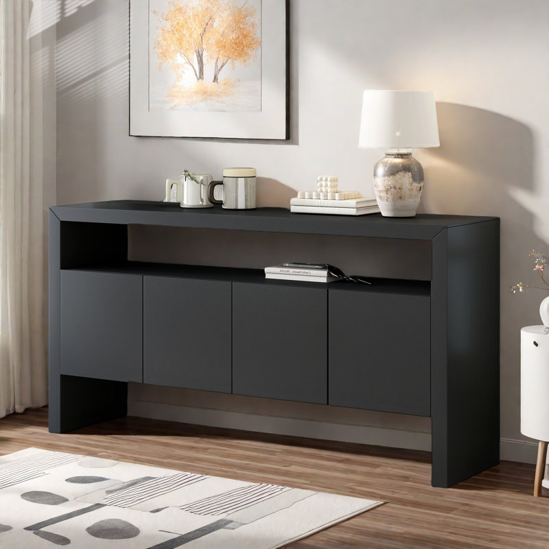 Modern 4-Door Console Table With Open Shelf And Natural Wood Grain, Black