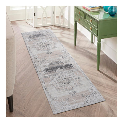 Tapis beige / médaillon Collection 2X8 de style salon et résistant aux taches