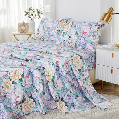 100% Egyptian Cotton Fitted Sheet Set, 4pcs 800 Thread Count Luxury Garden Flower Print Bedding Set, For Bedroom Guest Room Student Dorm All Seasons