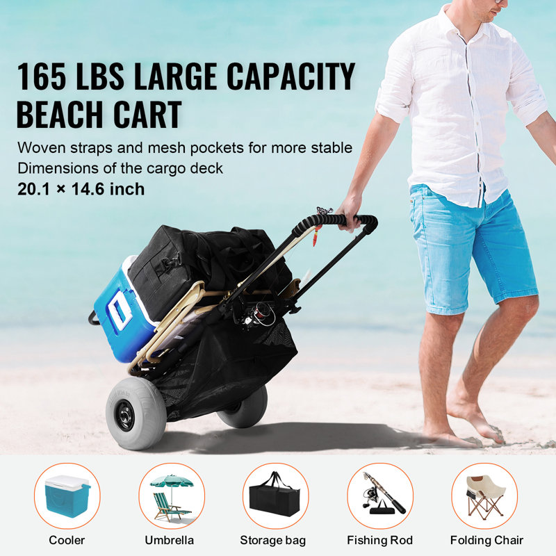 Black Steel Folding Beach Cart with Balloon Wheels