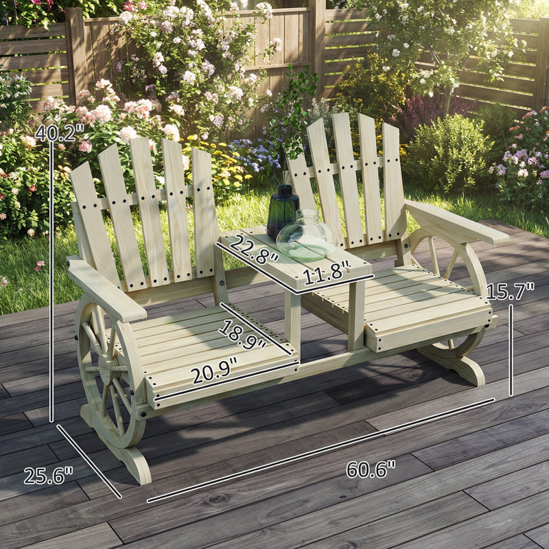 Banc de jardin en bois à haut dossier et banc de patio 2 places, Bois naturel