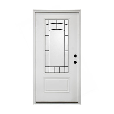 36 X 80 Smooth Fiberglass Entry Door With Brickmould,3/4 View Frosted Glass - Classic Style For Home's Front Entrance, Vinyl Frame, Left Hand Inswing,White Primed Knock-Down Door New Packaging