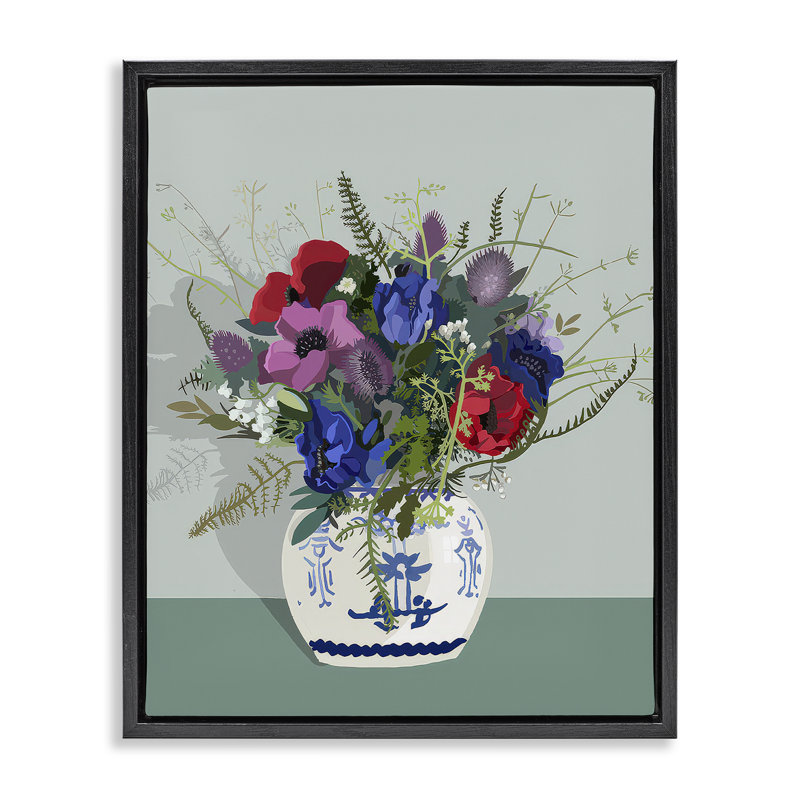 «Ginger Jar & Anemones» par Betty Boynes, H 31 po x l 25 po, Cadre flottant noir de jais