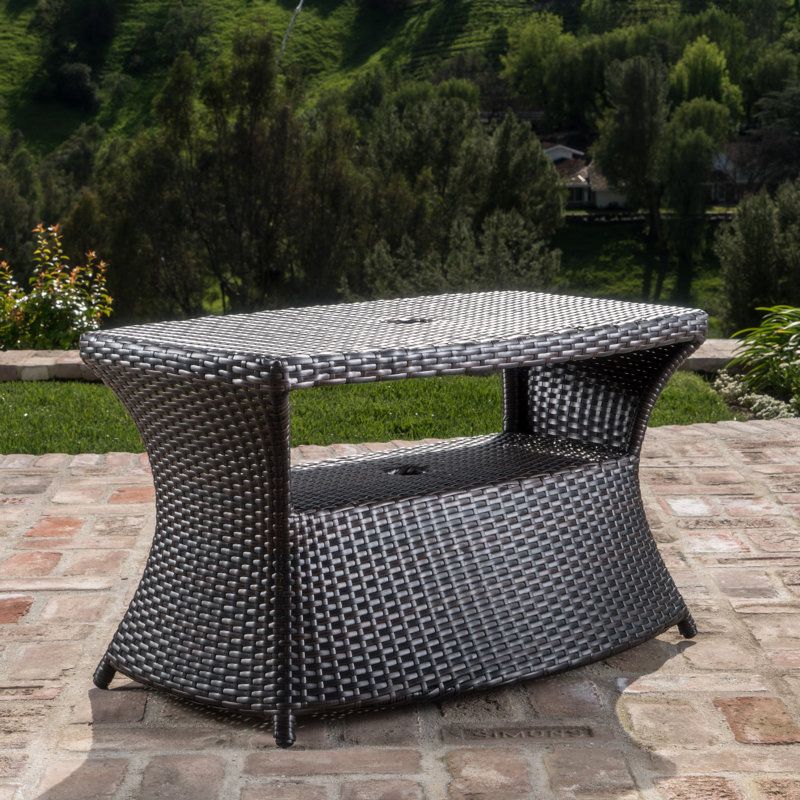 Roomfitters Berkeley Outdoor Wicker Chaise Lounge Side Table with Umbrella Holder and Serving Shelf, Multi Brown, Multi Brown