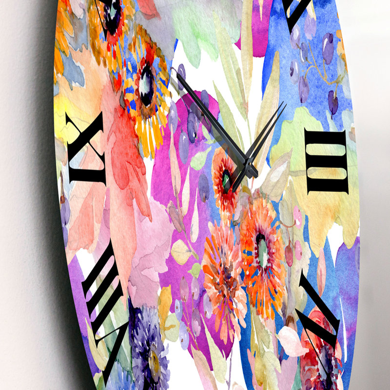 Horloge murale moderne Vibrant Wild Spring Leaves and Wildflowers IV, Petit