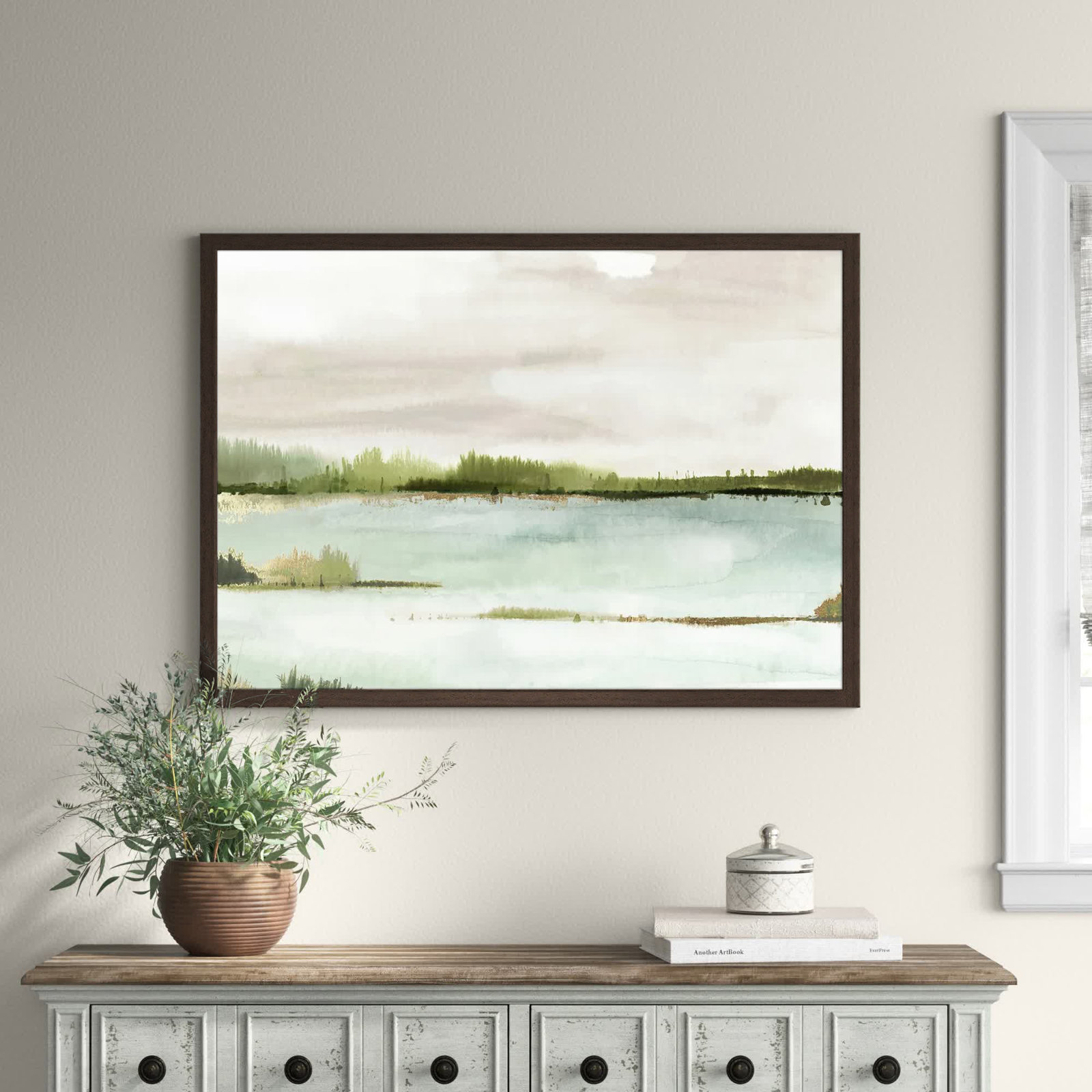 Adamsville "Silent Lake" Painting, 30.5" H x 42.5" W x 1.12" D, Walnut Framed