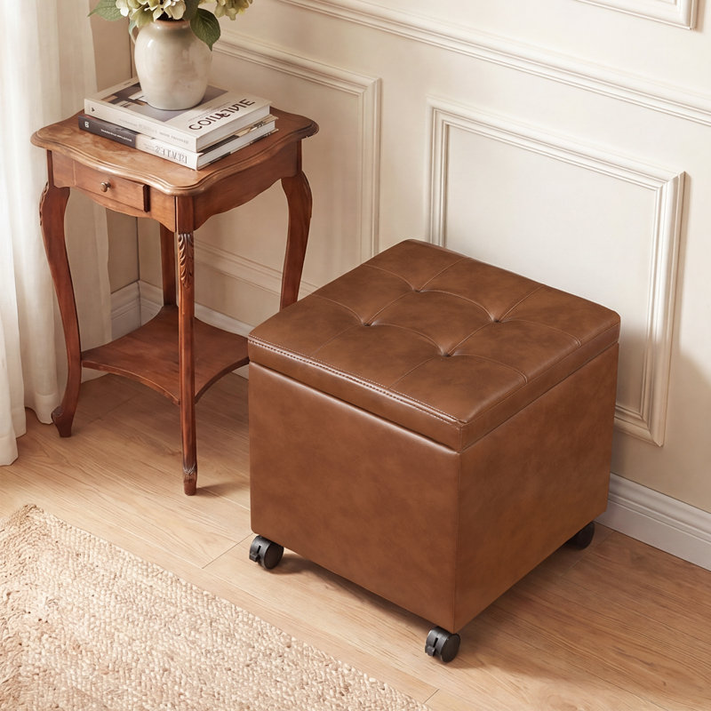 Pouf de rangement carré de 39 cm en similicuir avec roulettes et plateau, Brun