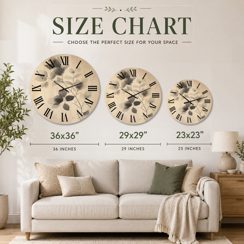 Horloge murale ronde scandinave grise, motif feuille translucide, imprimée sur bois massif, Très grand