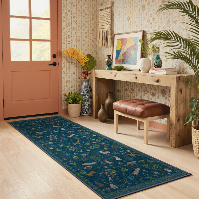 Alcoa Floral and Animal Print Performance Machine Washable Area Rug, Runner 2'6" x 6', Midnight Blue