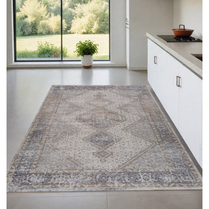 Tapis abstrait délavé beige et gris 4 pi x 6 pi