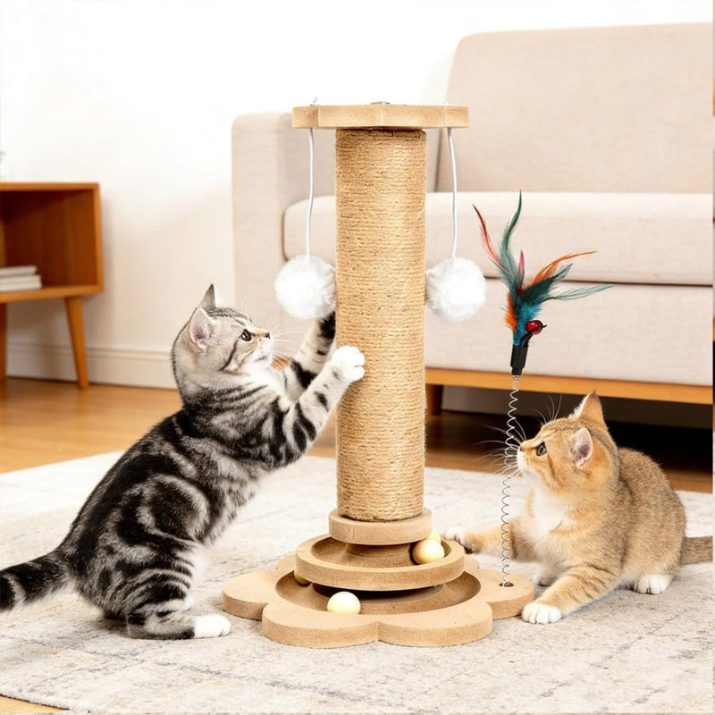 Indoor Cat Scratching Post Tall Sisal Scratch Pole With Pine Base, Interactive Feather & Game Balls For Kittens And Adult Cats