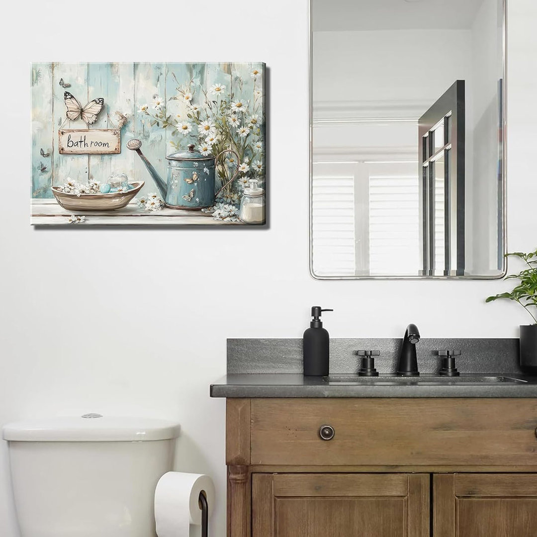 Vintage Farmhouse Bathroom Canvas Wall Art Rustic Flower And Butterfly Decor Pictures White Jasmine Flowers Watering Can Posters Prints For Bathroom T