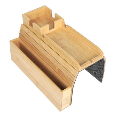 Foldable Sofa Armrest Tray With Storage, Anti-Slip Cup Holder & Coaster, Splash-Proof Remote Caddy For Snacks And Phones, (Natural)