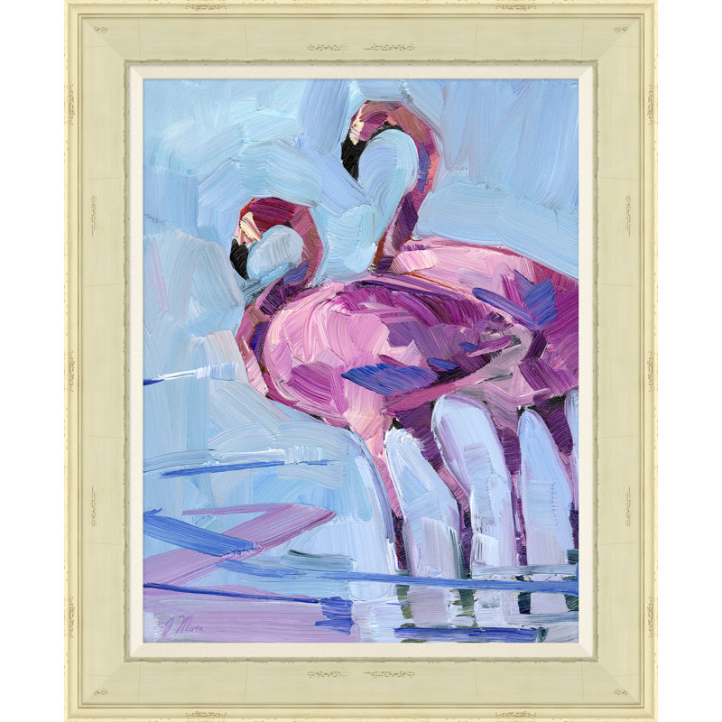 Flamingos Painting by Joseph Mota, White Framed Canvas, No Mat, 22.5" H x 18.5" W
